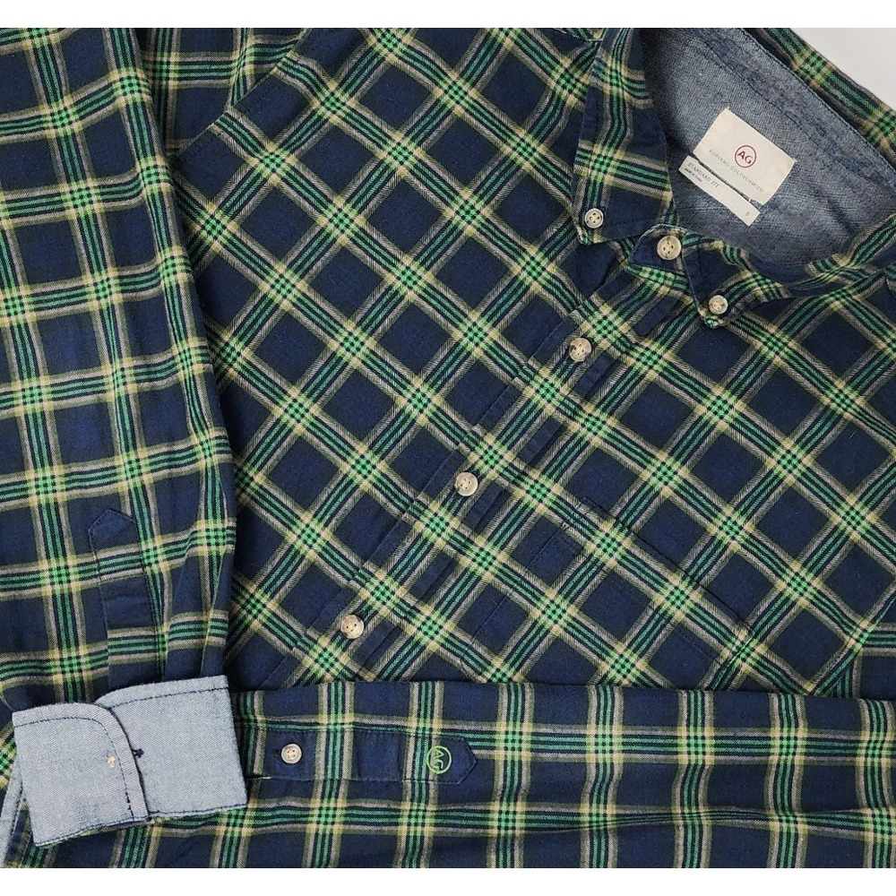AG Adriano Goldschmied Men Small Blue Green Plaid Flannel L/S Button Up Shirt
